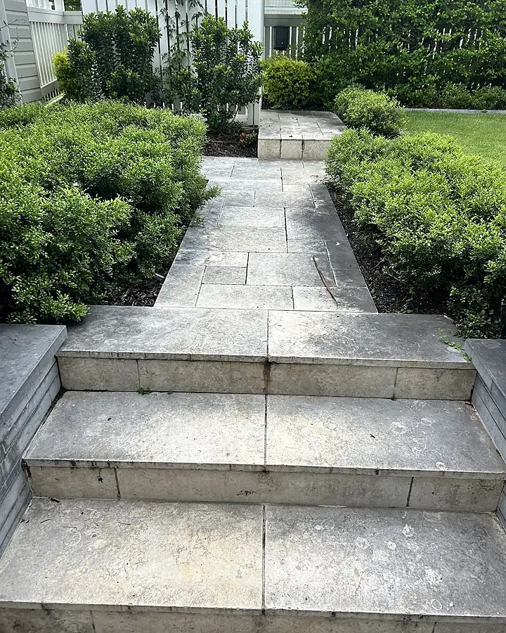 Pale stone steps and path between clipped hedges after cleaning